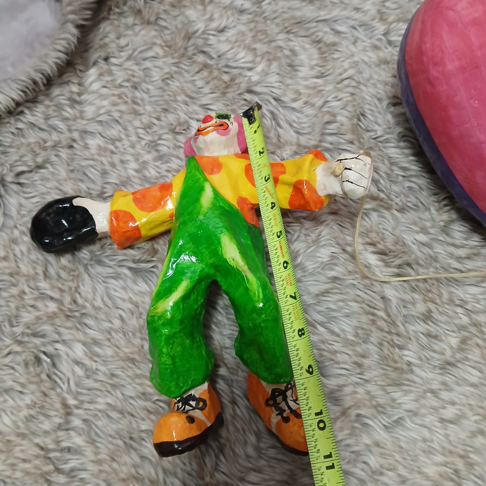 Handmade Colorful Paper Mache Clown Figurine with Balloon Vintage Circus Decor