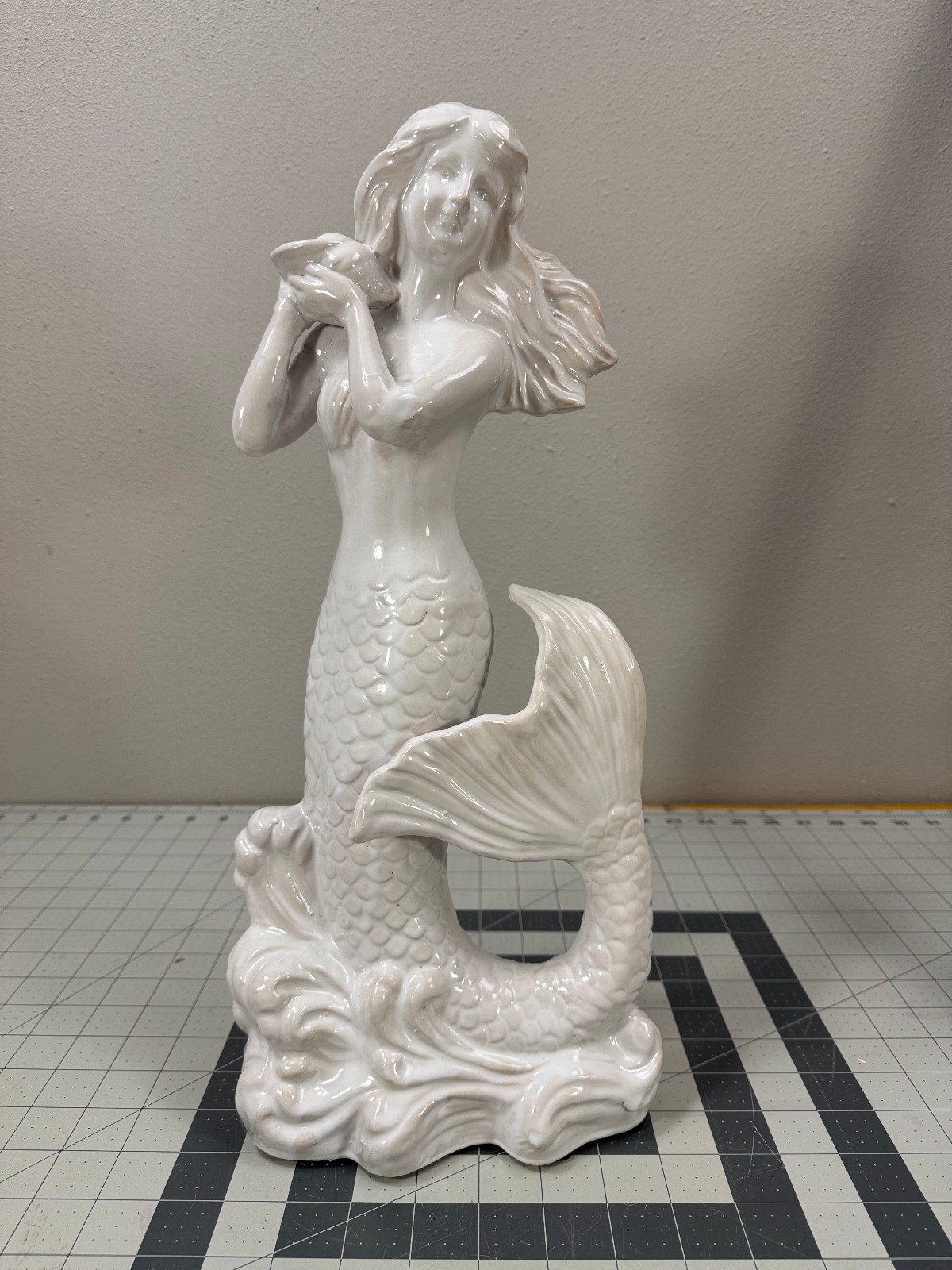 Vintage Ceramic Mermaid Statue Figurine Glossy White 17″ Tall Shell