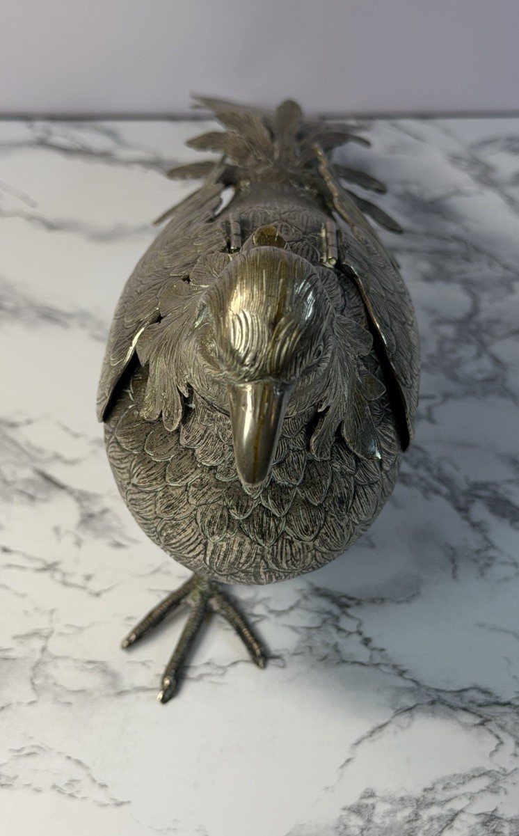German Metal Pheasant Decanter Figurine Hinged Wings Stamped Germany Alpacca