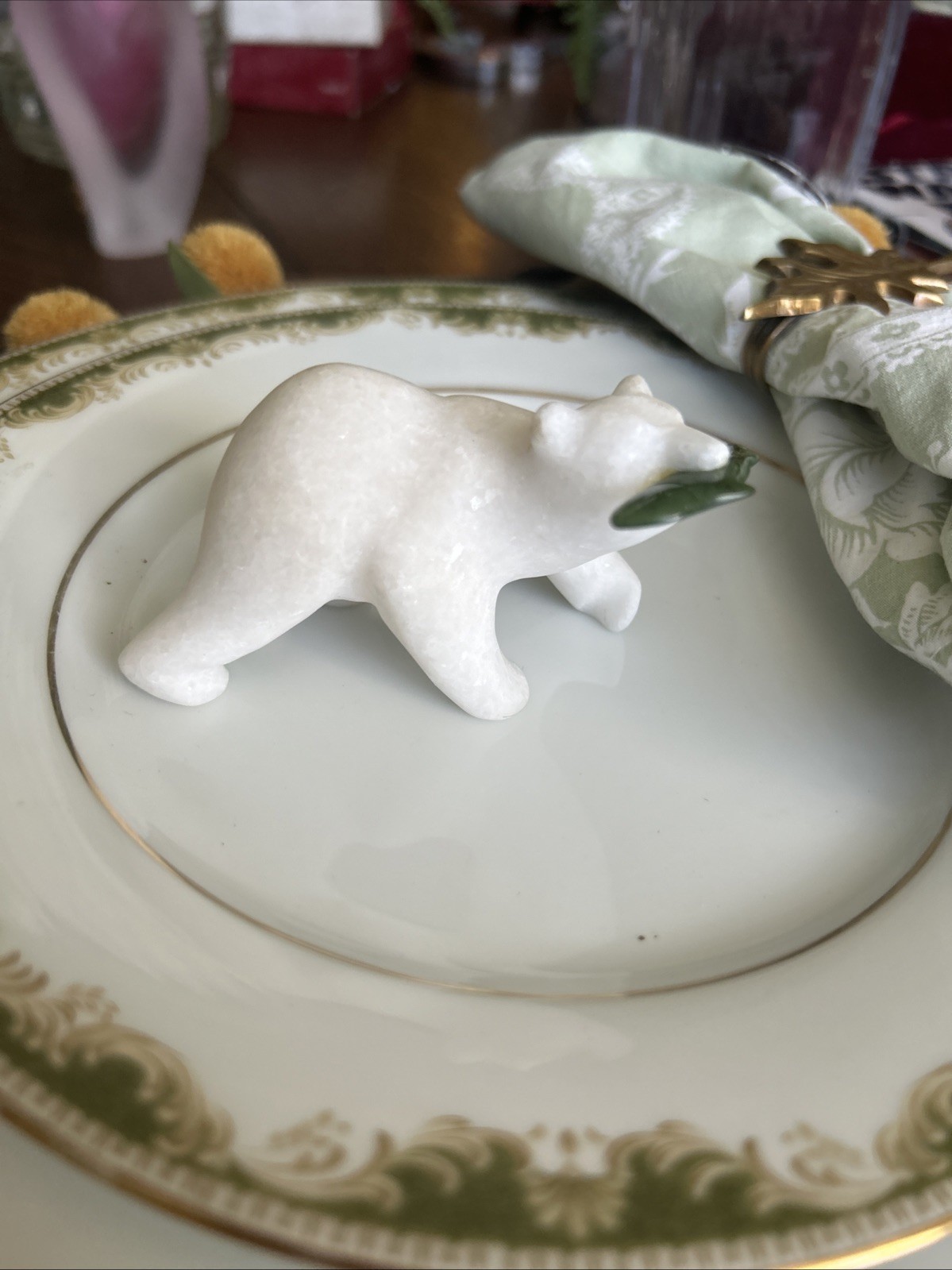 Hand Carved White Marble Polar Bear with Cassiar Green Jade Fish Figurine