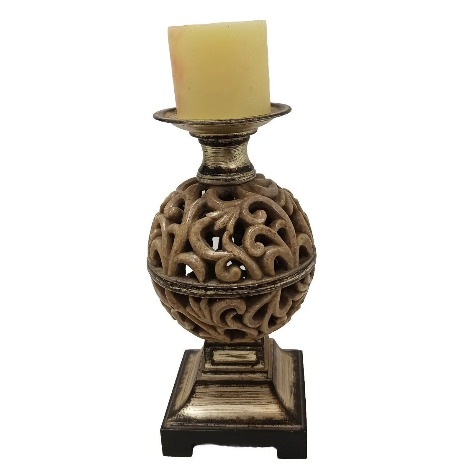 Ornate Candle Holder 12″ Art Deco Faux Alabaster Cut Out Globe Morrocan Boho VNT