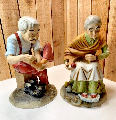 Vintage Old Man on Box and Old Woman with Yarn Ceramic Figurines 8 1/4″ Tall