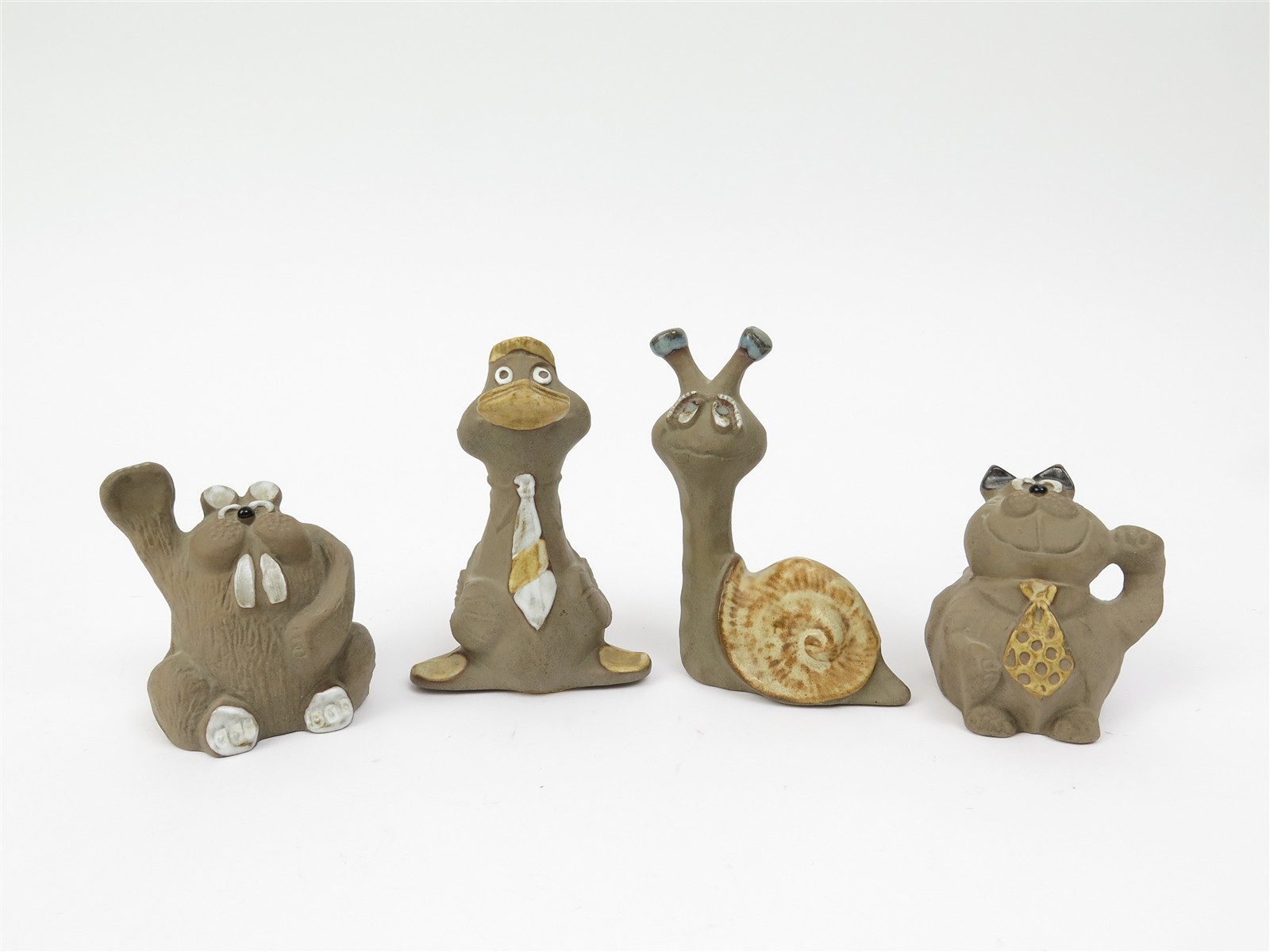 Vintage Clay Menagerie by Pottery Craft Set of 4 Snail, Beaver, Duck & Cat