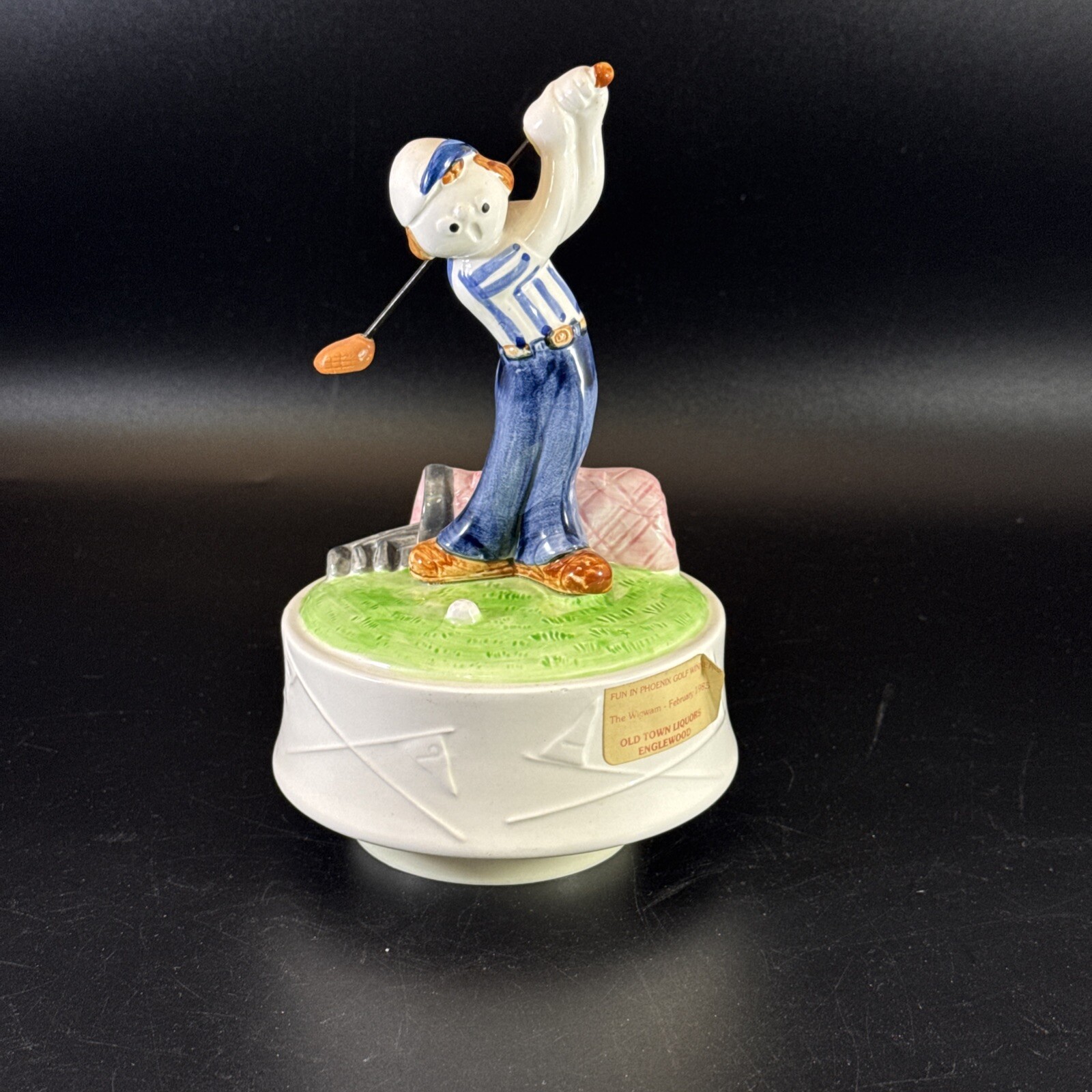 Vintage Sankyo Hand Painted Porcelain Golfer Figurine Musical Box Made in Japan