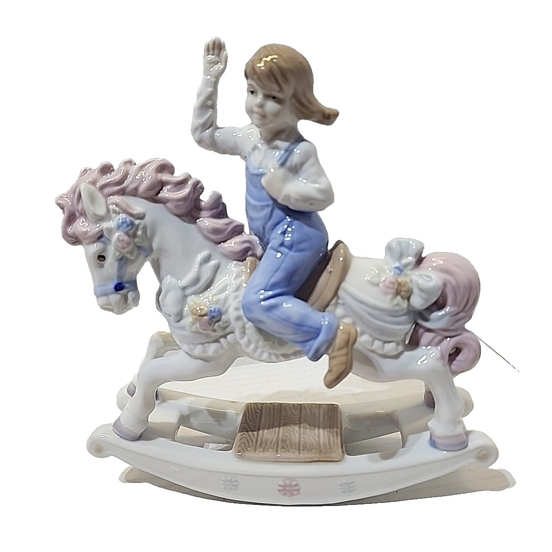 Paul Sebastian Figurine Rocking Horse with Young Girl – Pink Purple, 7.75in Vtg