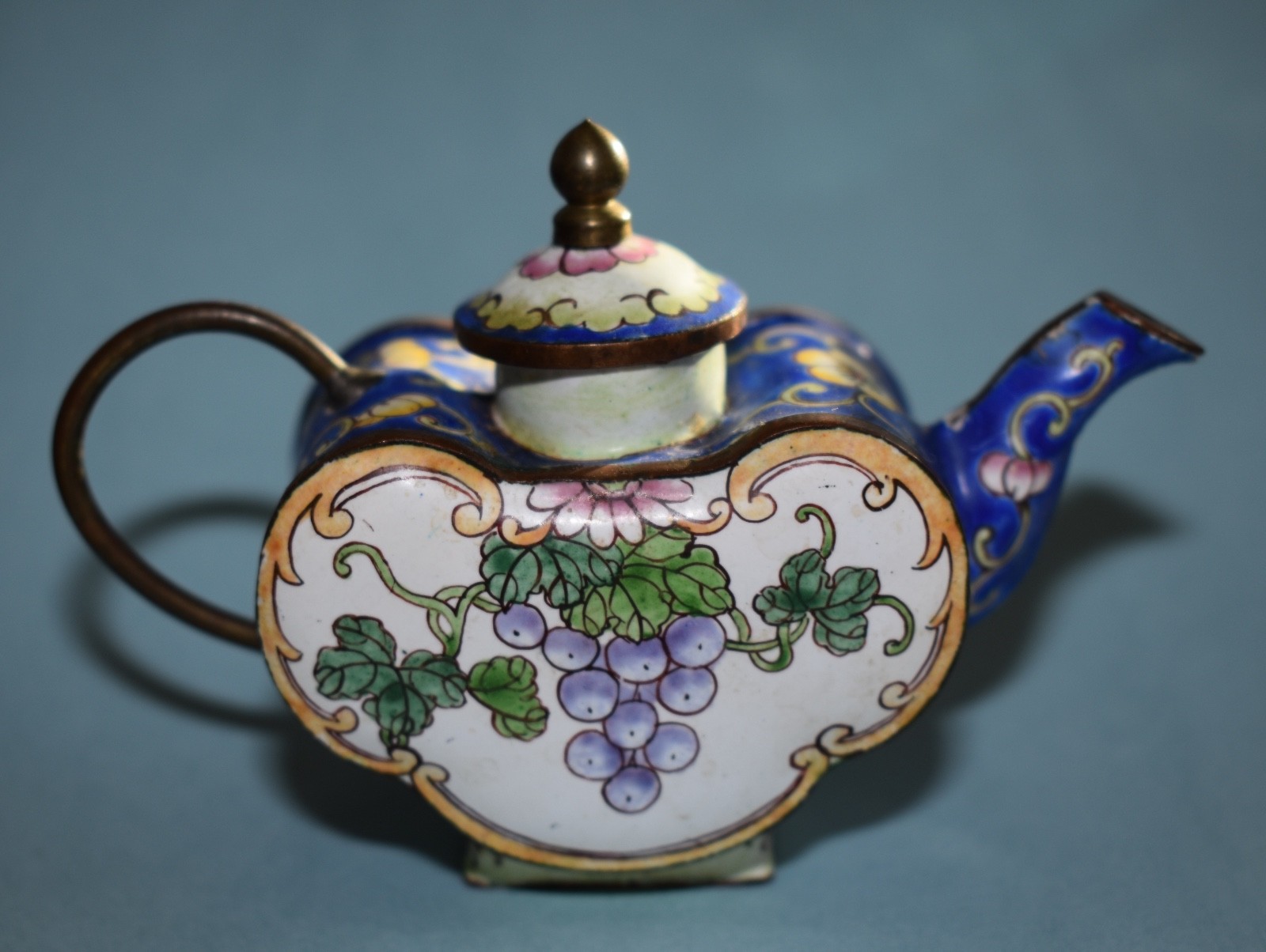 Kelvin Chen Miniature Enamel on Copper Teapot B Yee Artist Grapes Flowers FreeSH