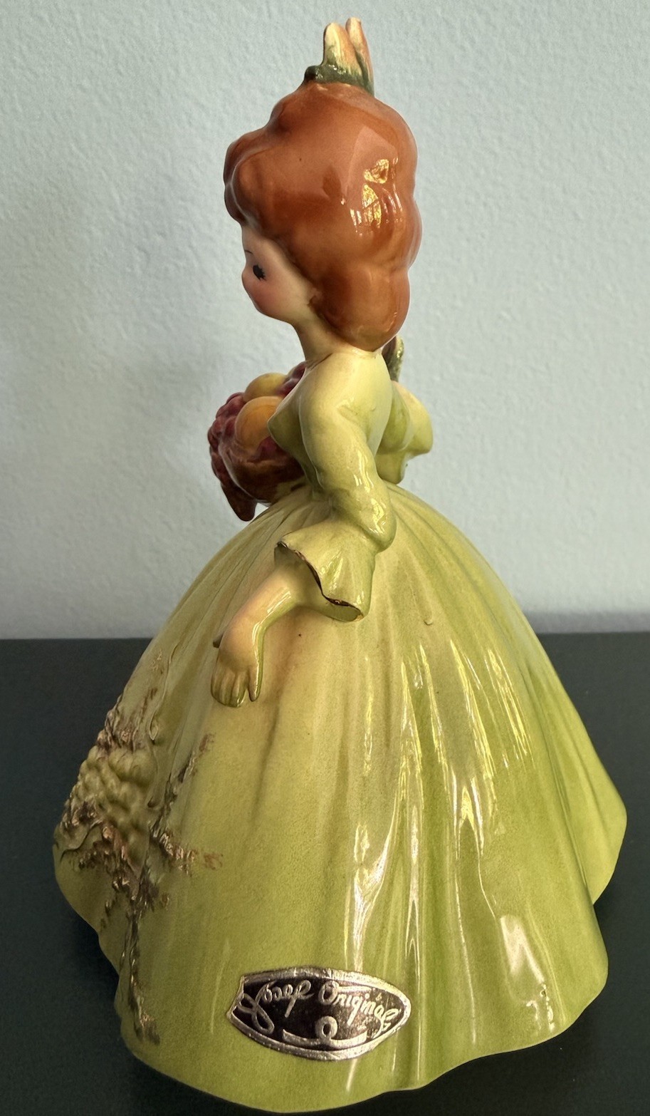 Josef Originals Fall Four Seasons Series Green Dress 5 ¾” Figurine Basket Fruit