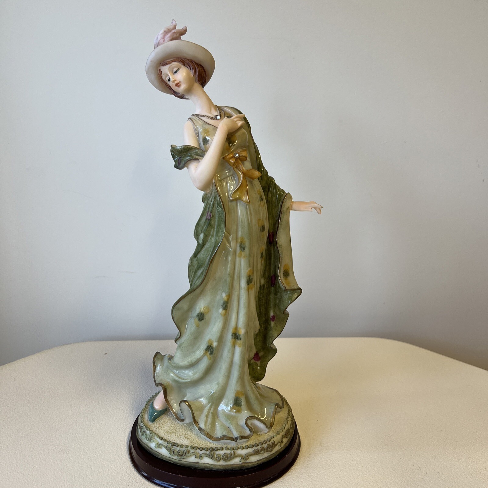 Vintage Elegant Ritzy Lady Figurine 13″ tall in Flowing Green Dress on Wood Base