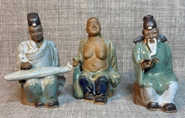 3 pc. Chinese Mudman Figurines Glazed Clay Mud Men 4 in. T Happy Buddha
