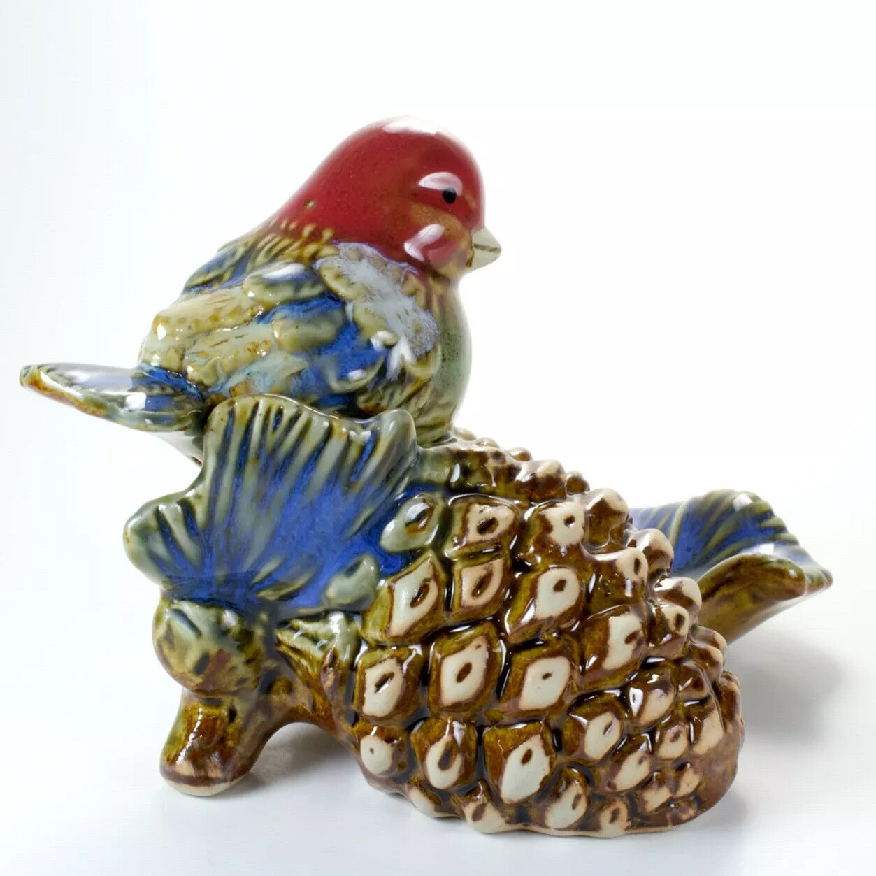 Colorful Redhead Bird on Pinecone Figurine Ring Holder Birder Gift Shiny Ceramic