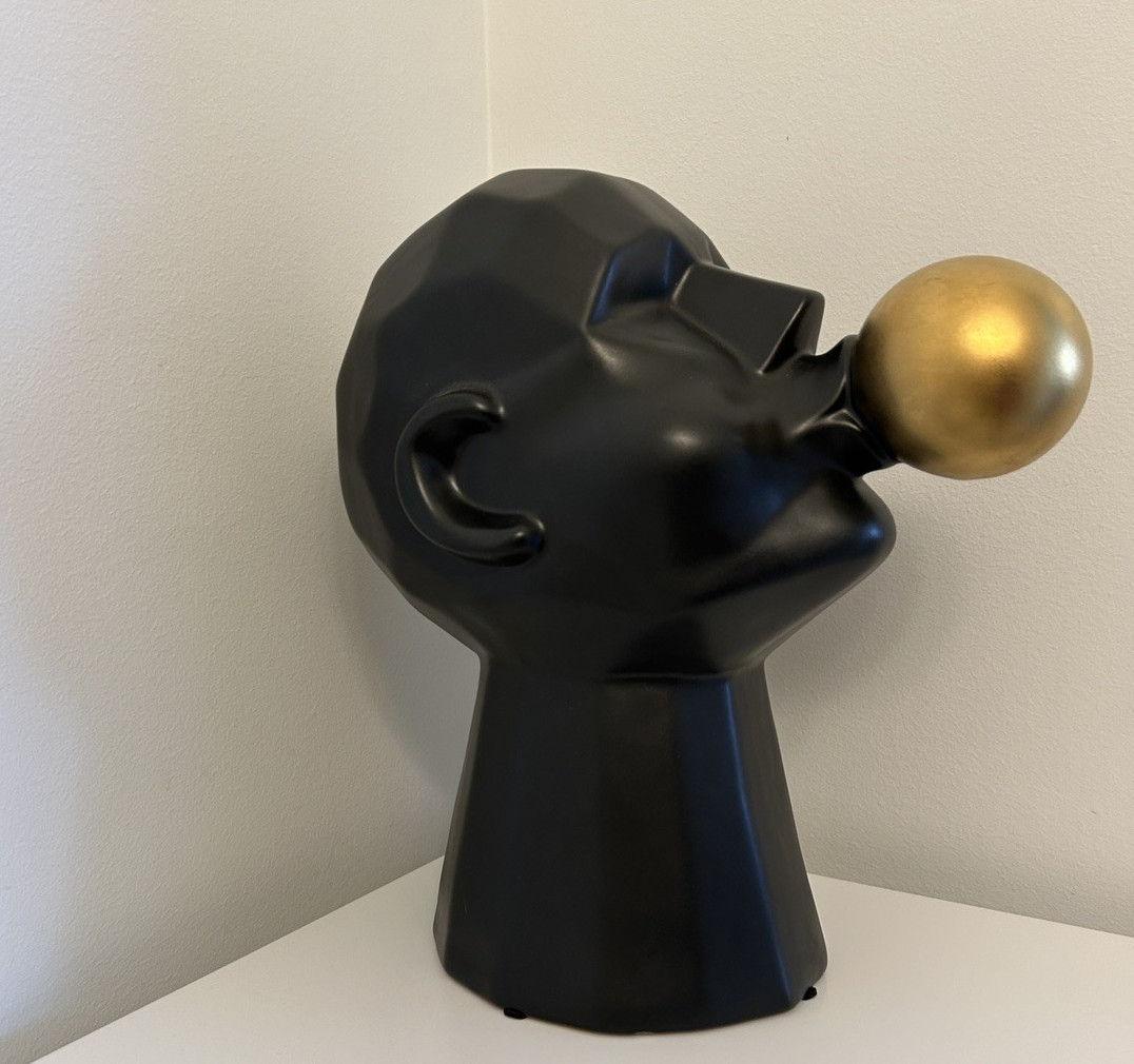 Ceramic Man Blowing Bubble Gum Contemporary Statue Figurine Decor Gold Charcoal