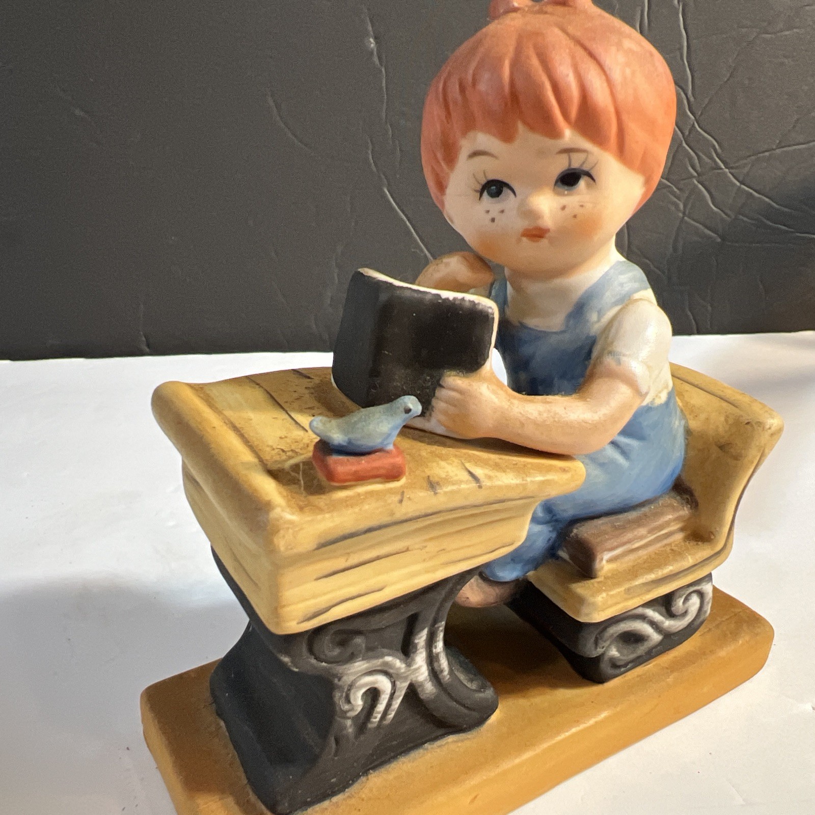 Treasures master vintage porcelain Red Hair kid at desk w/ bird and a book
