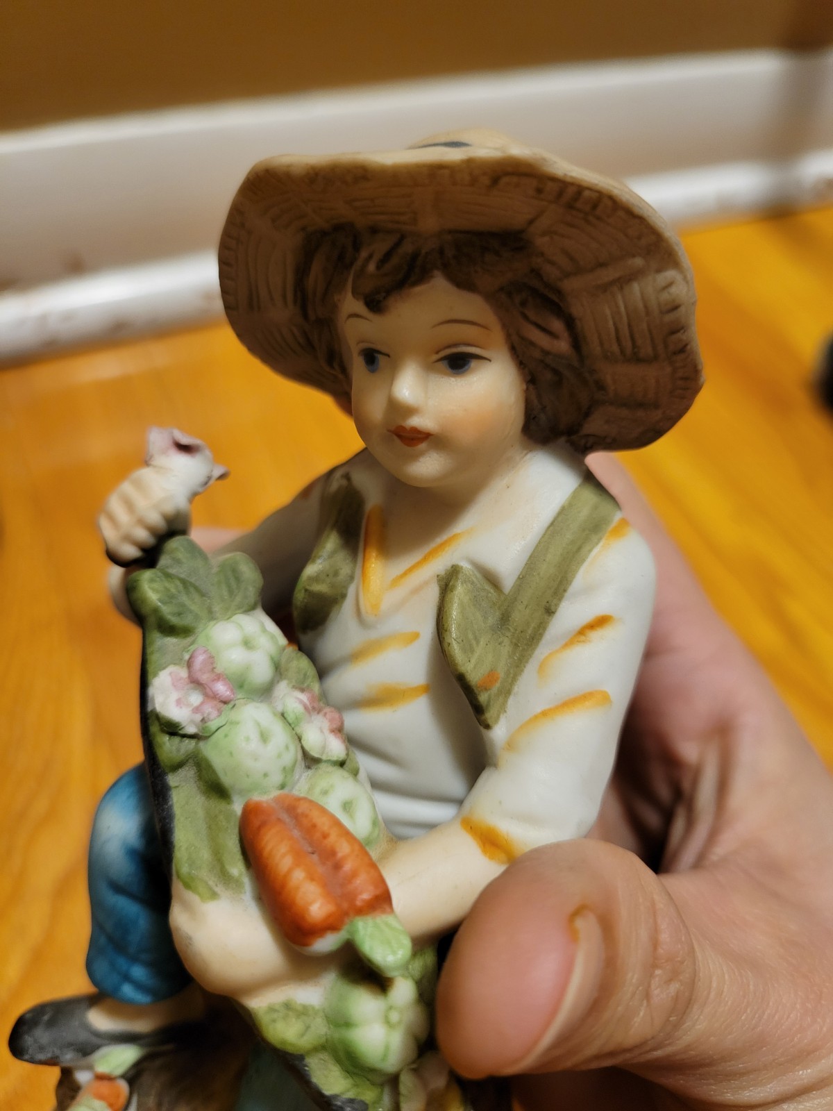 Vintage Porcelain Home Decor Figurine Farm Boy in Hat w/Basket of Veggies 5 1/2″