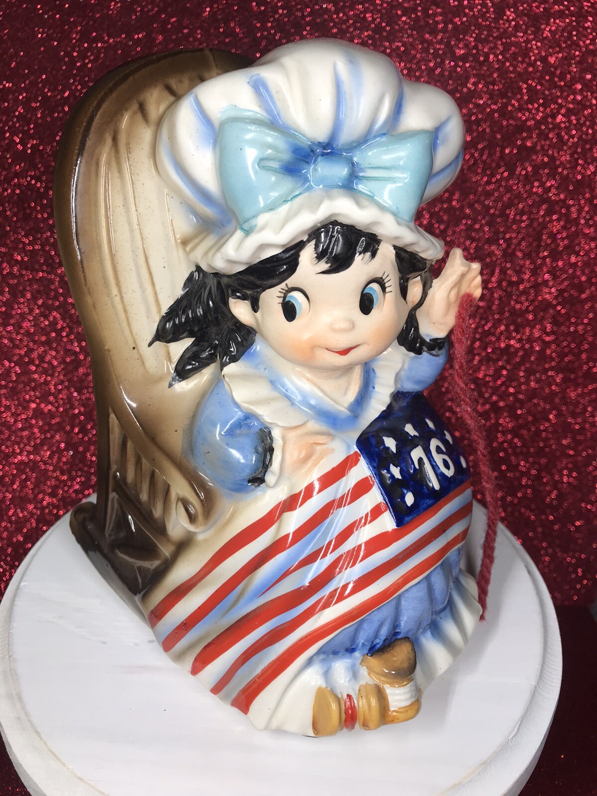 Vtg Betsy Ross Sewing 1776 Flag Rocking Chair July 4th Music Box Figurine Japan