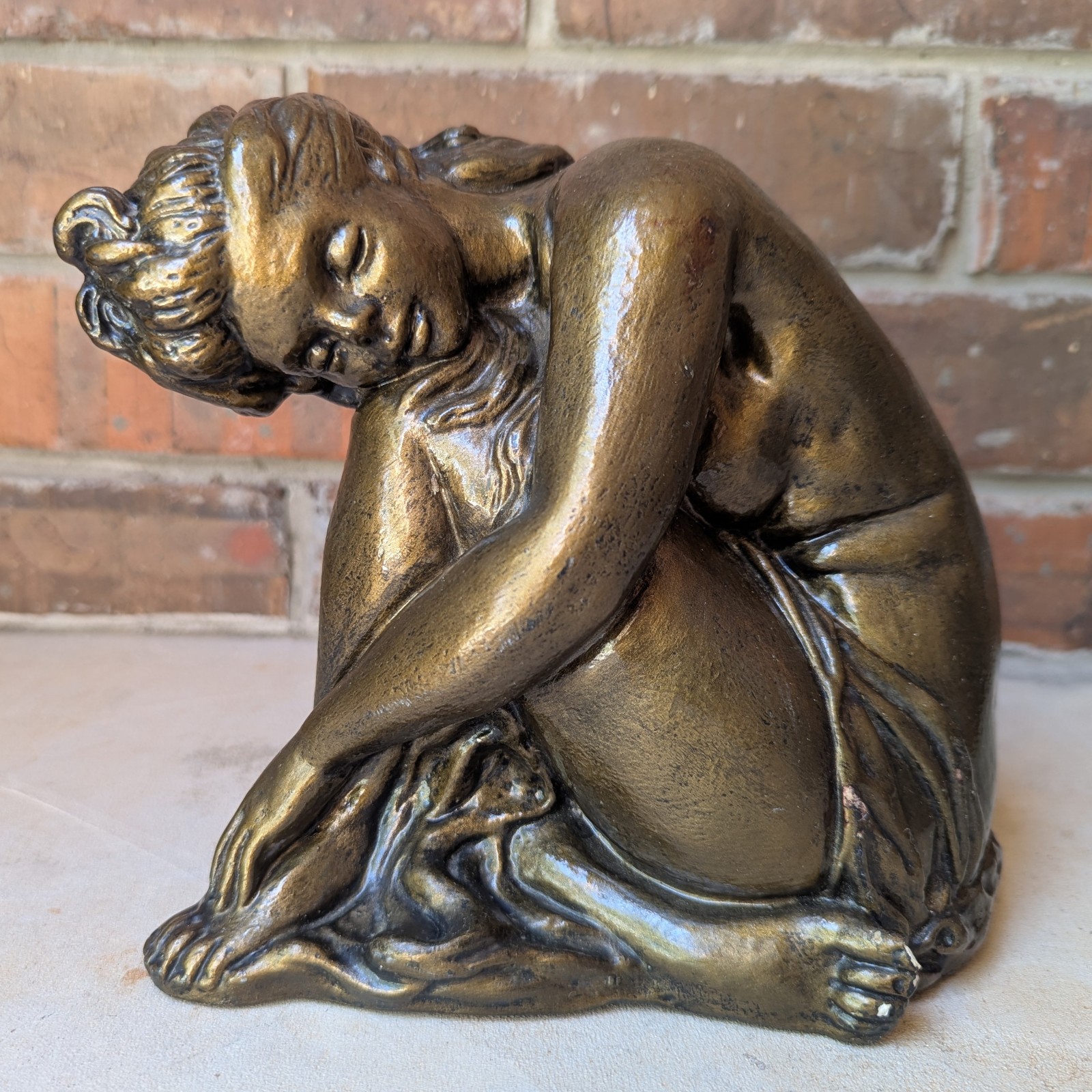 Vtg Gold Bronze Sitting Nude Woman Lady Figurine Statue Plaster Art Nouveau MCM