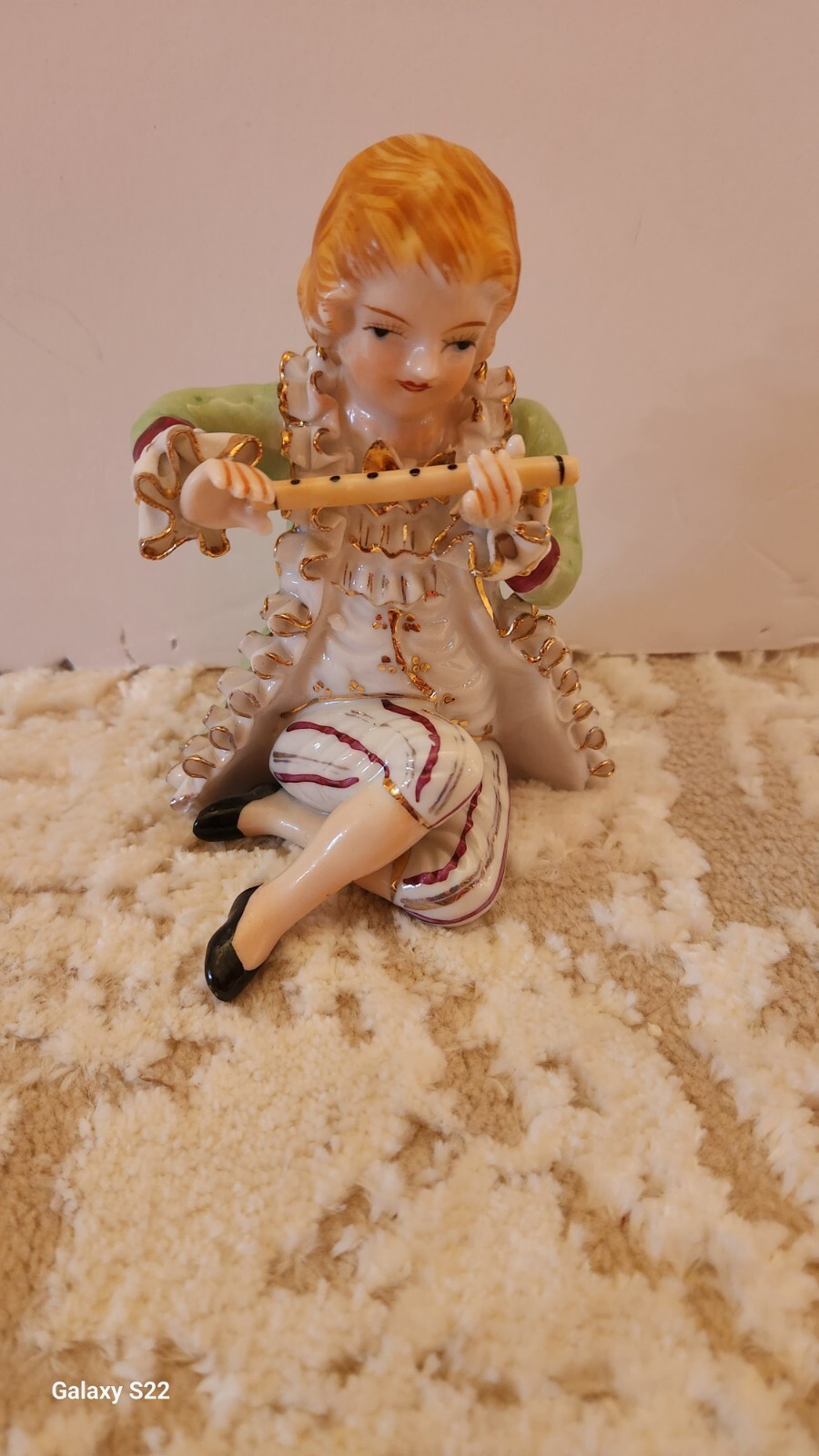 Vintage Porcelain Boy With Flute, Green Coat, Gold Glit Lace & Striped Pants!