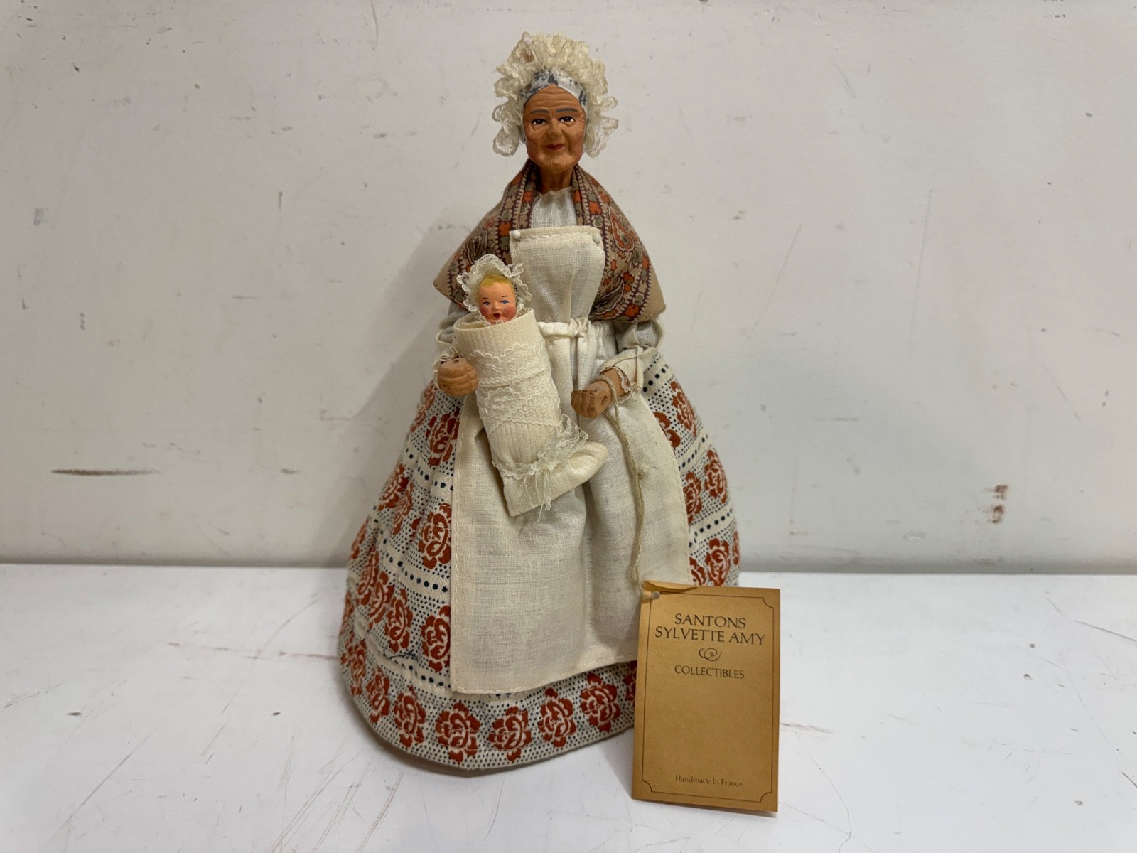 Vtg French Santons Sylvette Amy Collectible Clay Doll Old Woman w/ Baby