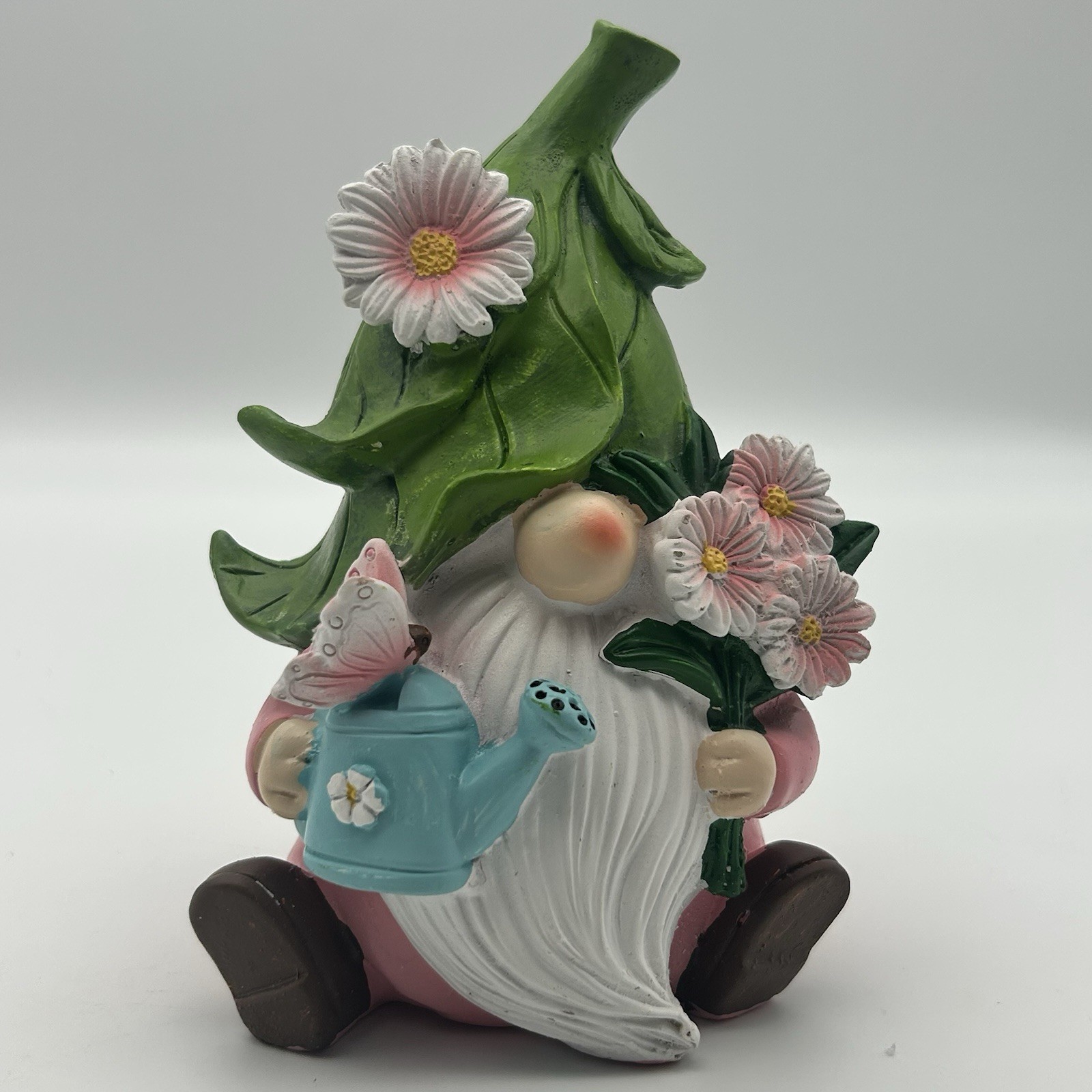 Spring Garden Gnome Figurine Watering Can Flowers Resin Pastel Decor ~6″