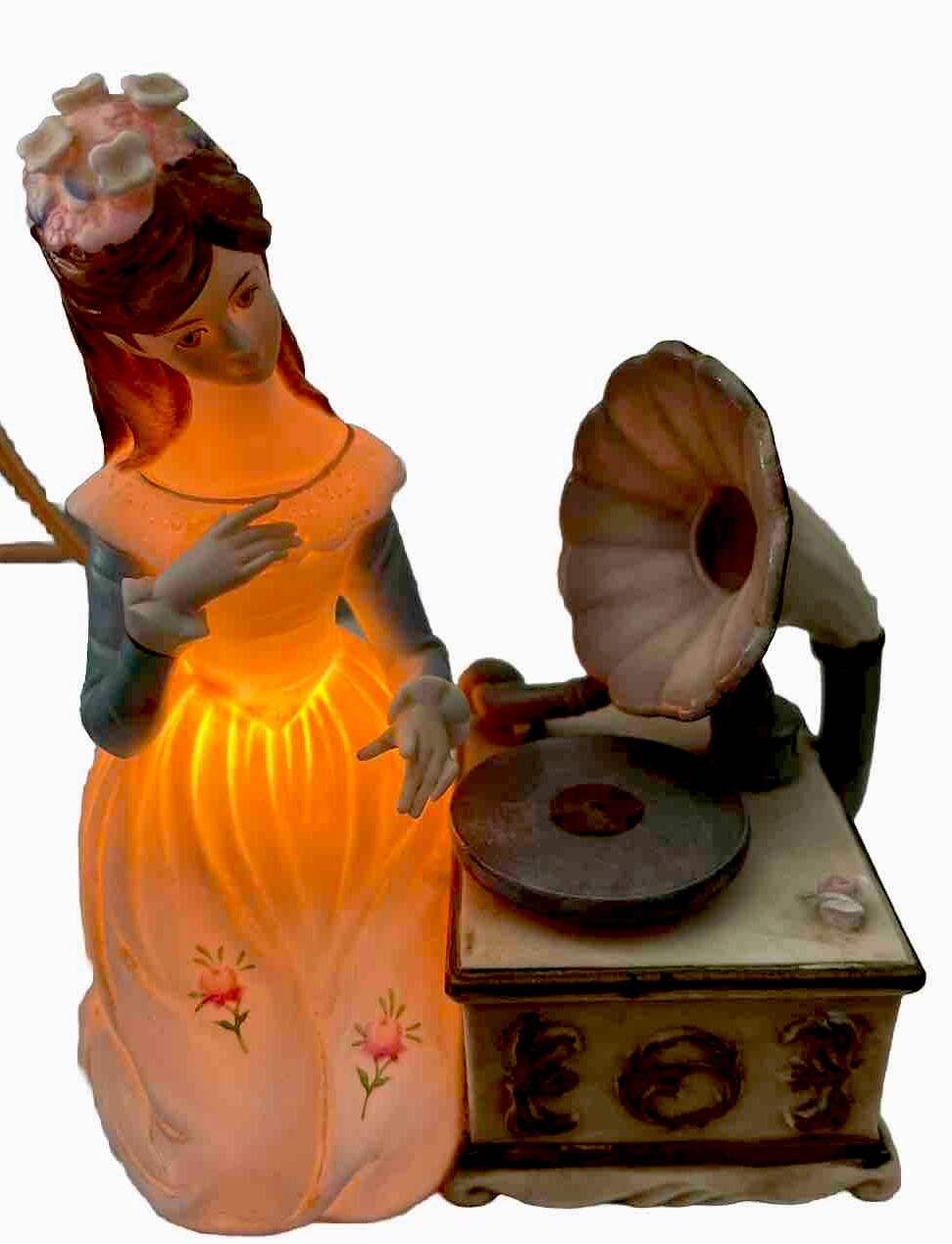 Lenwile Ardalt Lamp Music Box Girl Phonograph Figurine Light Porcelain Vtg READ