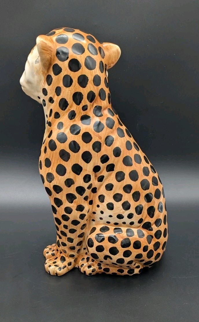 Vintage MCM Cat Sculpture Hand Painted Italian Leopard Cheetah Open Mouth 10″
