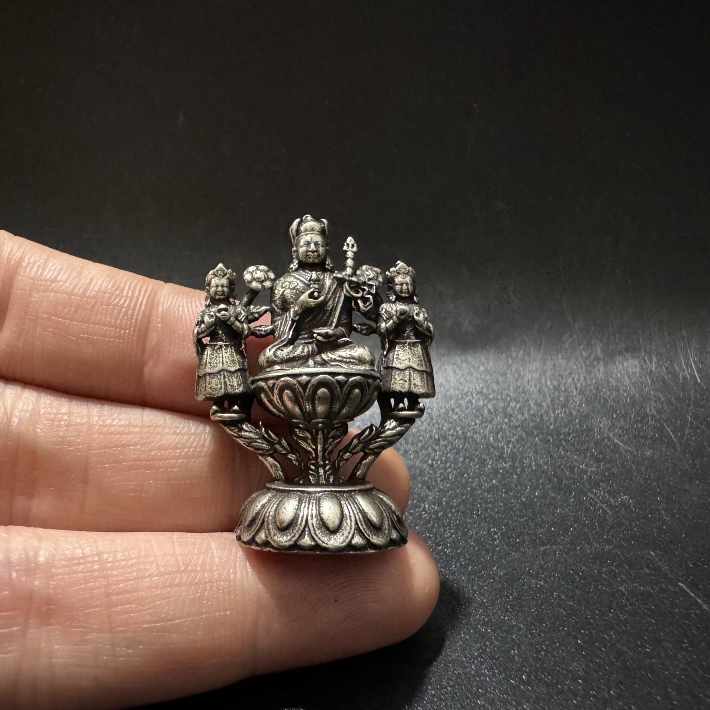 Tibetan Silver White Copper Solid Padmasambhava Two Disciples Statue Pendant