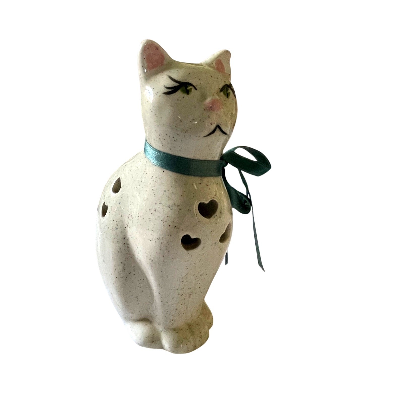 Vintage Ceramic Cat Figurine with Heart Cutouts, Floral
