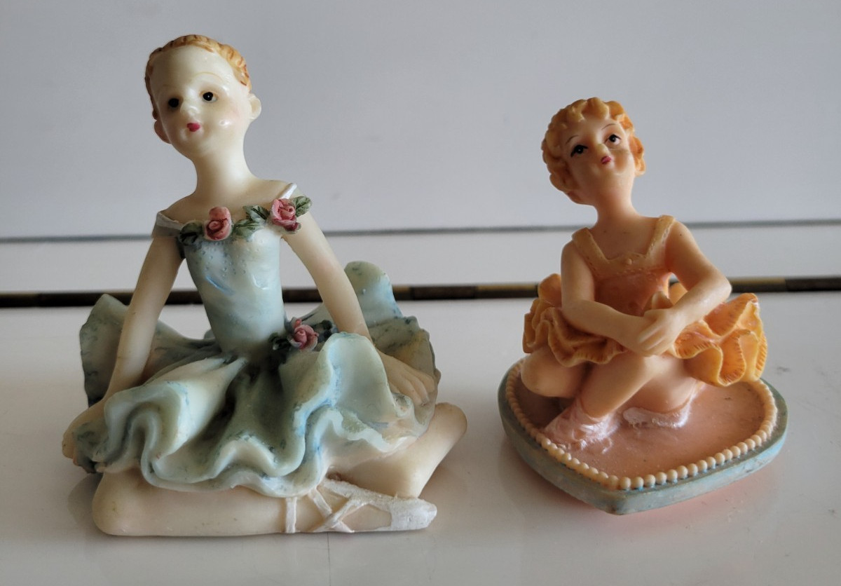 2 CERAMIC BALLERINA FIGURINES BLUE AND ORANGE TUTUS 2.75 INCH