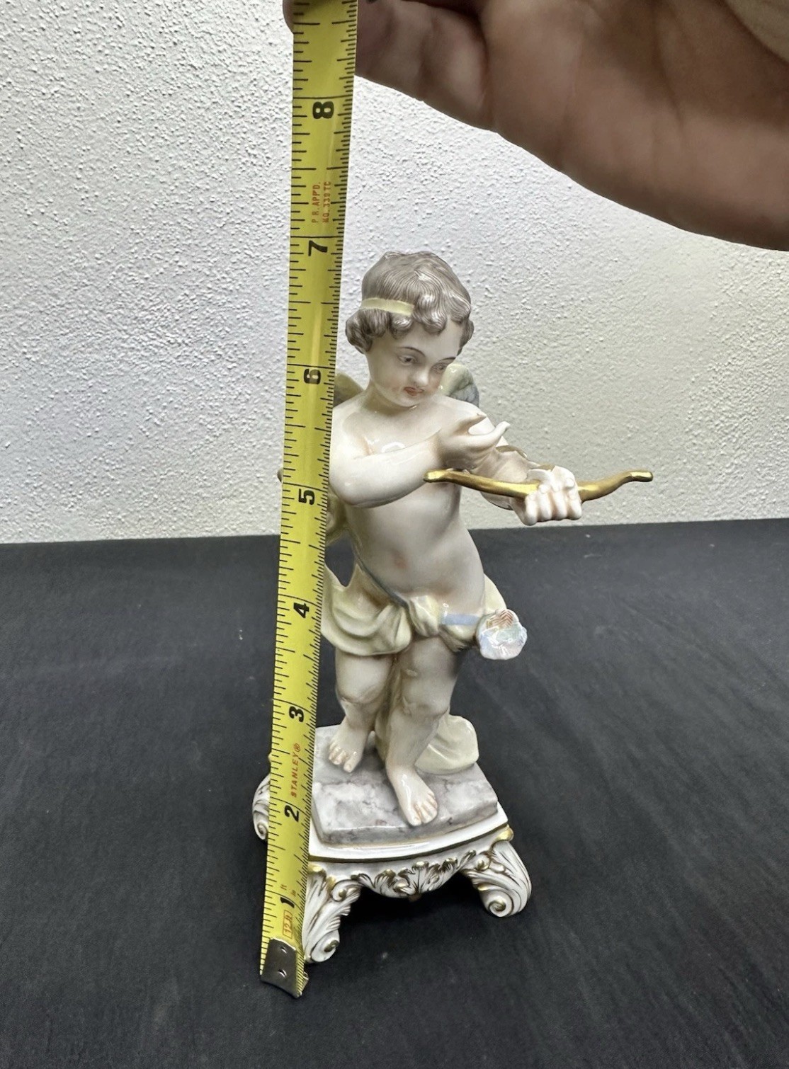 ⚡️Italian Porcelain Cherub on Pedestal Blue Crown N Mark Gilded Bow 7” Figure⚡️