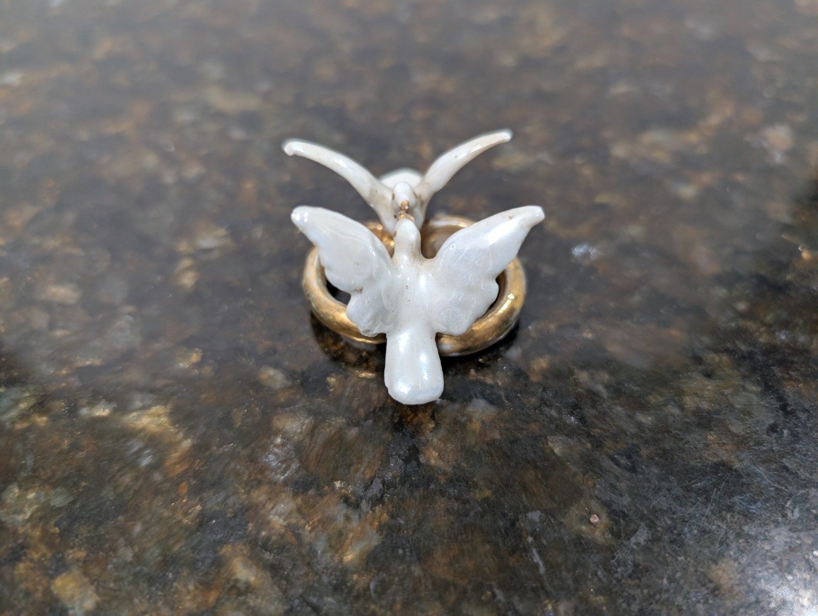 Antique German Porcelain Dove & Gold Rings Wedding Anniversary Figurine Cake Top