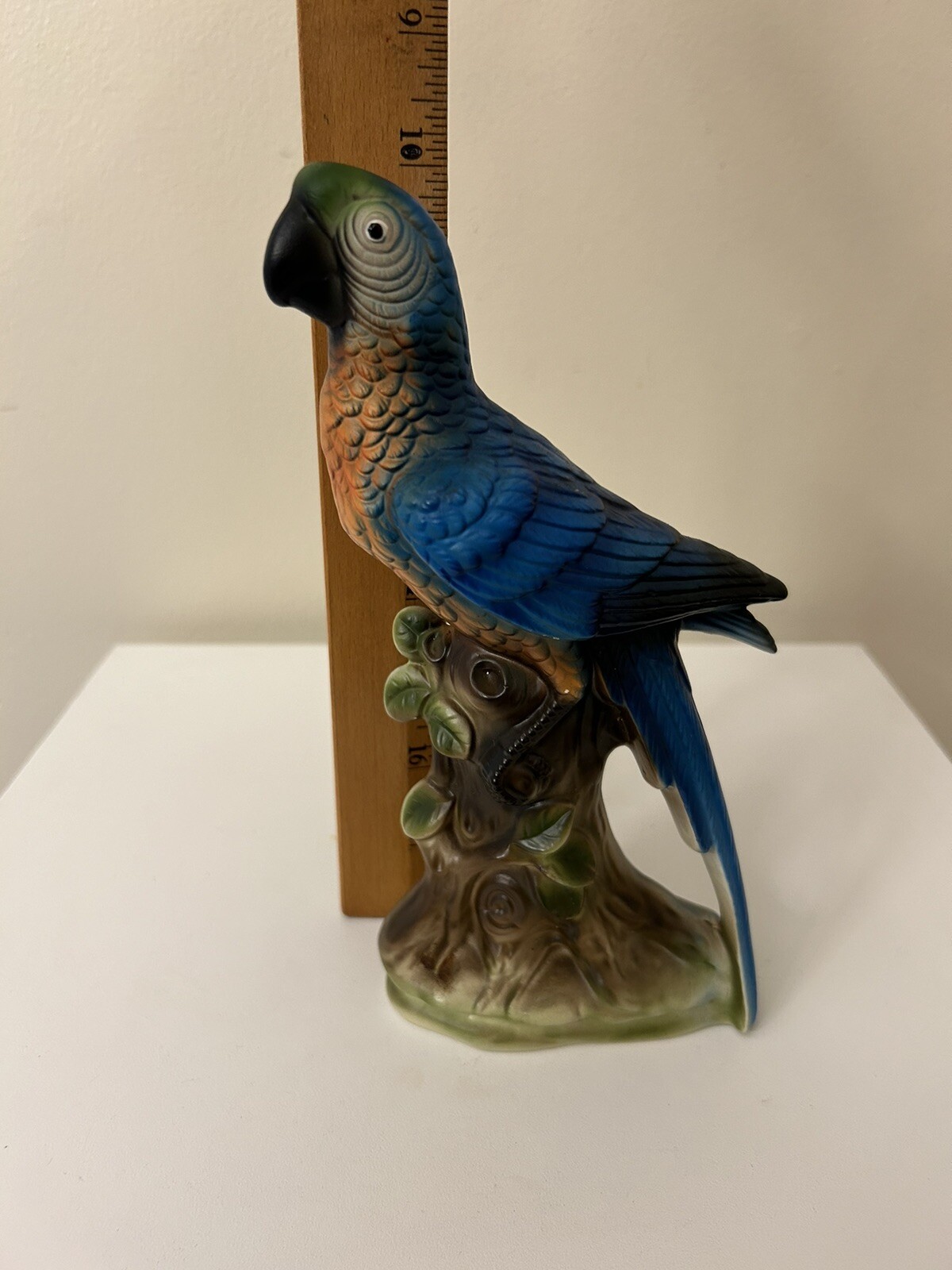 Stunning Vintage 8” Parrot Ceramic Green Blue Orange Bird Branch Figurine Japan