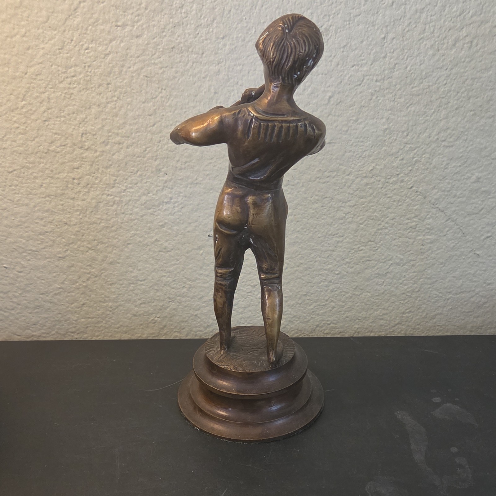 Bronze Metal Boy Playing Flute Figurine Statue 8.5in 3D Effect, Music