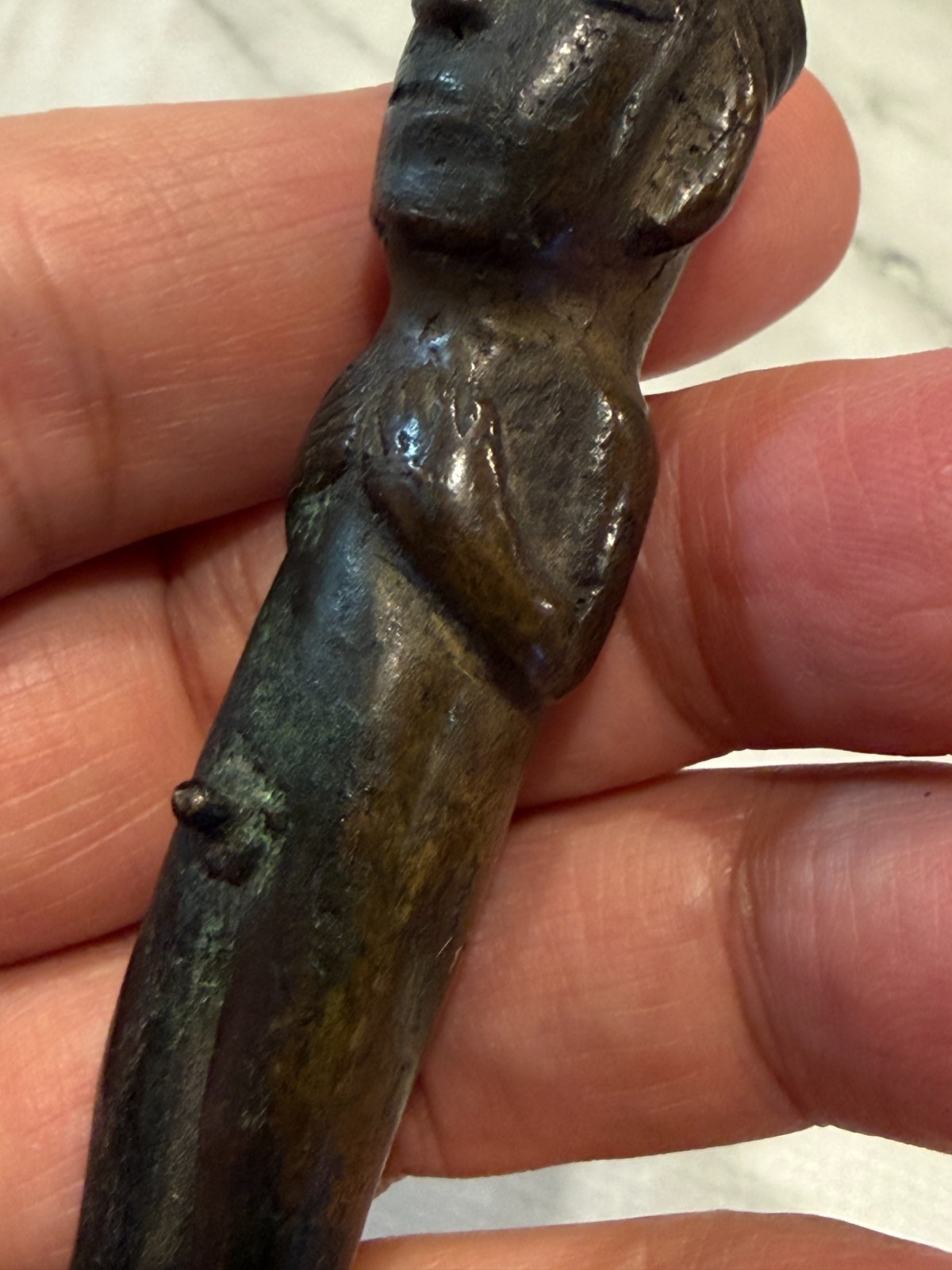 Antique Small Bronze Copper Inca Figurine of Standing Nude Male