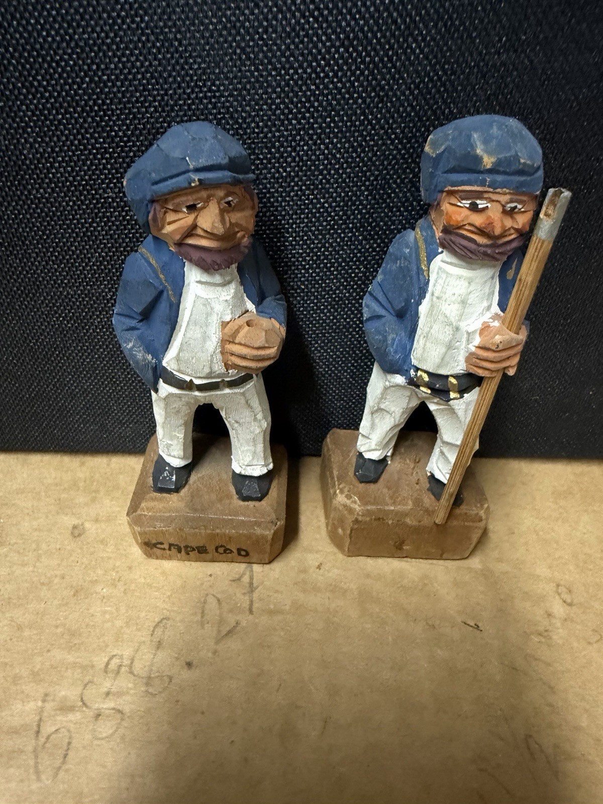2 Hand-Carved Wooden Fisherman Figurine — 4 1/8” Tall