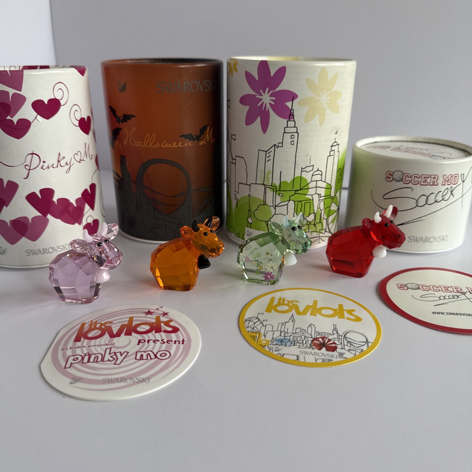 SWAROVSKI LOVLOTS HALLOWEEN MO, FLOWER MO, PINKY MO & SOCCER MO COW RETIRED NIB