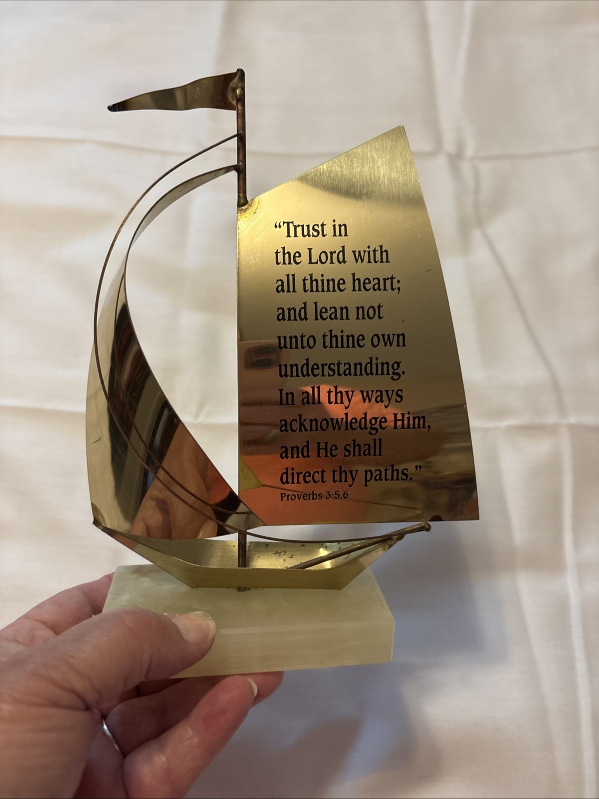 VINTAGE Brass MARBLE BASE SAILBOAT Trust In The Lord Proverbs 3:5,6 Christian