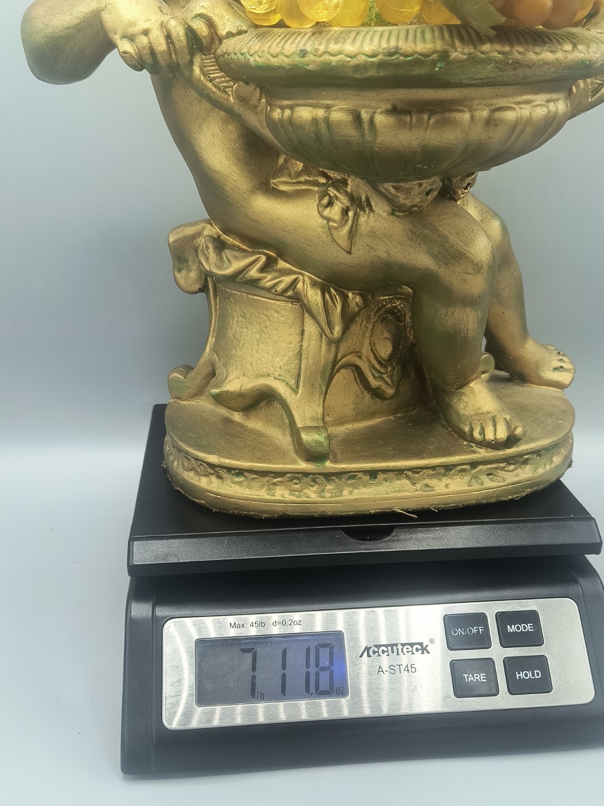 Vintage Plaster Cherub Statue 12″ Antique Gold Pained w/Fruit Bowl Lucite Grapes