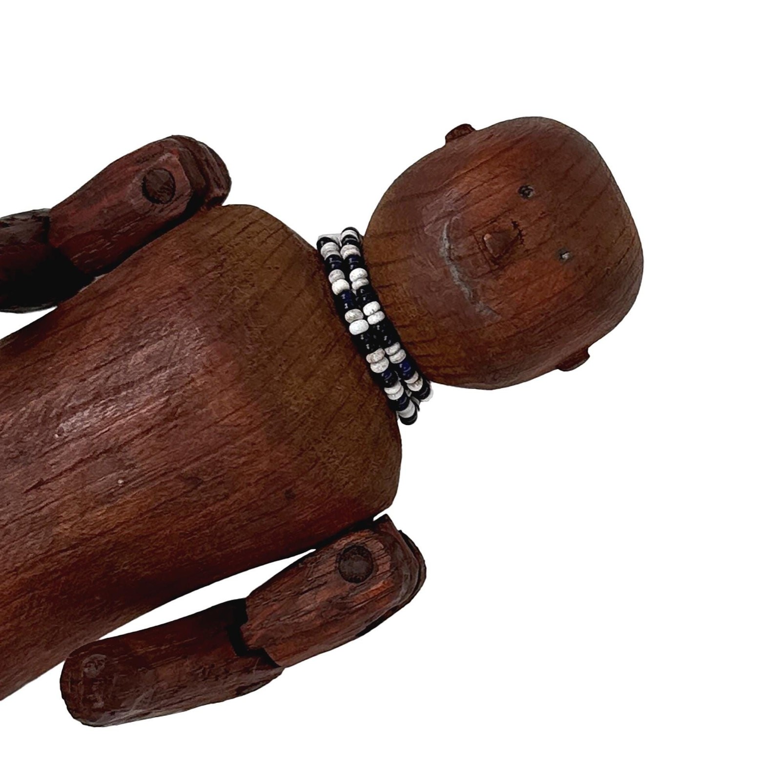 Vtg 50s Folk Art Carved Articulating Wood Doll Jointed Man w/ Beaded Necklace