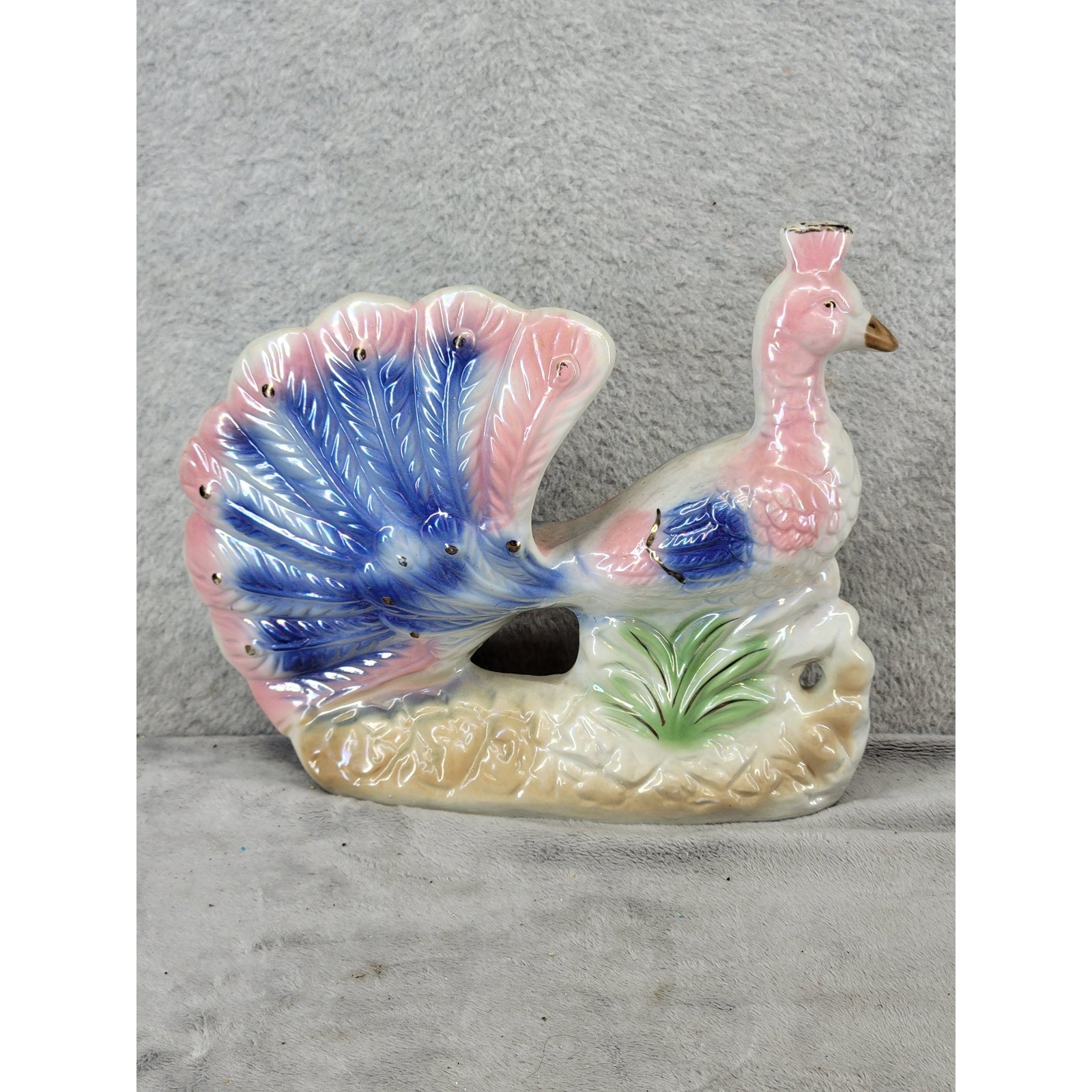 Vintage Iridescent Pink Blue Ceramic Peacock Figurine Lusterware Bird China 9″