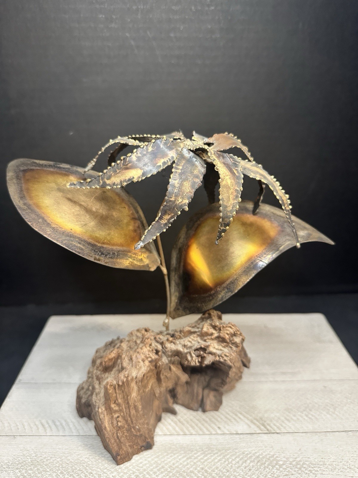Vintage 1970’s Torch-Cut Metal Flower Sculpture with Wood Base