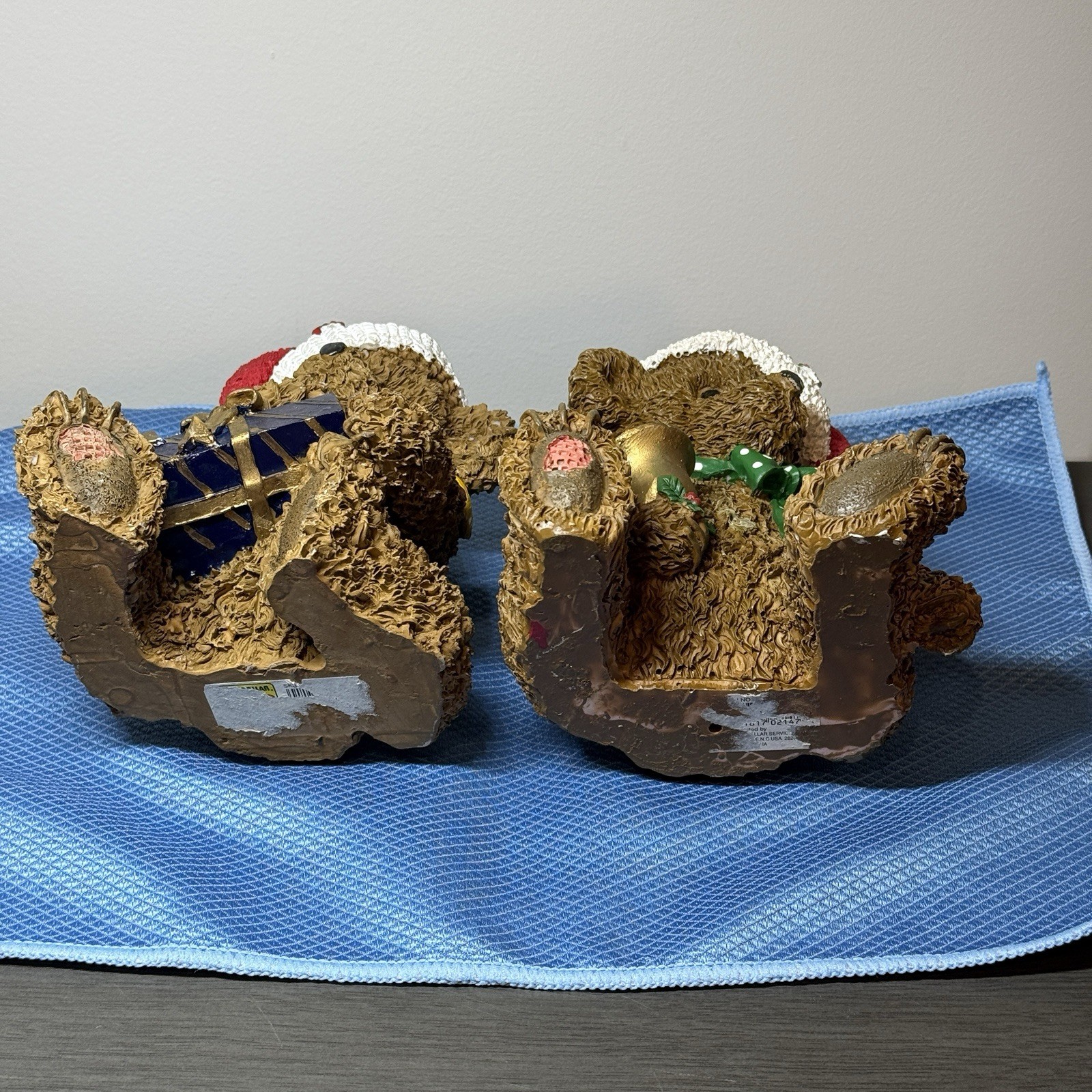 Set of 4 Resin Christmas Teddy Bears Santa Hats Figurine Gift Bell Tree Drum 6”