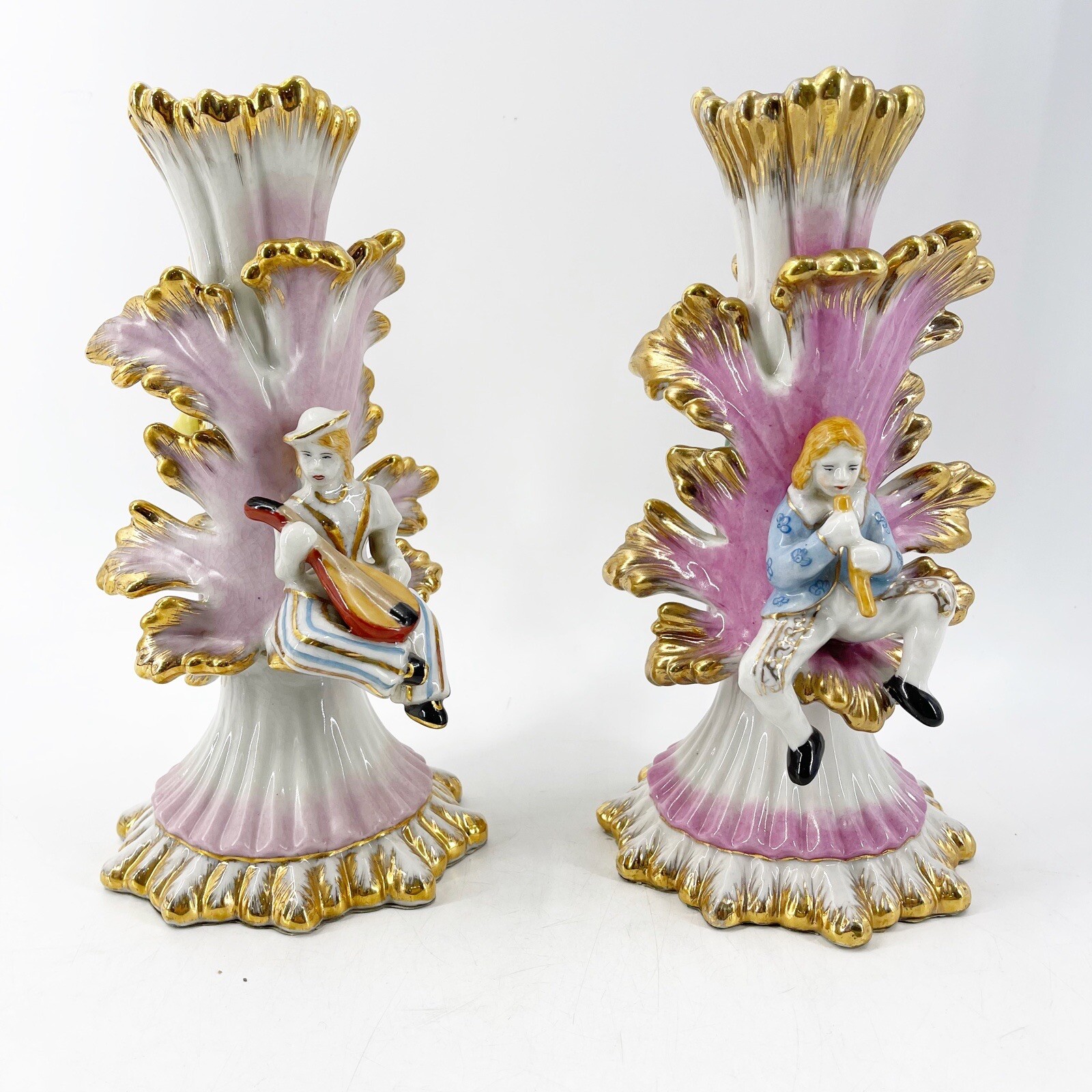 Rare Pair of Antique Porcelain Figural European Candlesticks Musicians Gold Gilt