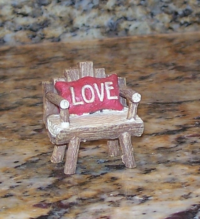 Miniature Wooden Log Bench w/ LOVE Pillow, Diorama or Christmas Village Figurine