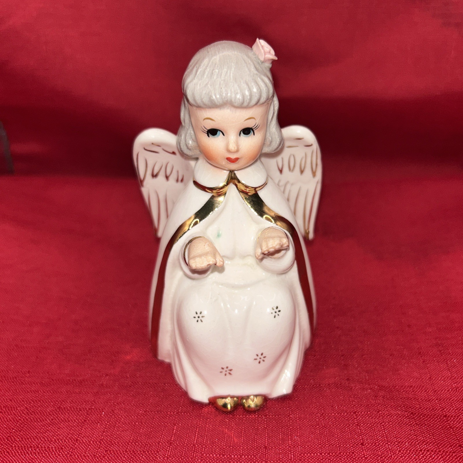 Vtg Fine A Quality Christmas Angel Playing Gold PIPE ORGAN Pink Rosette