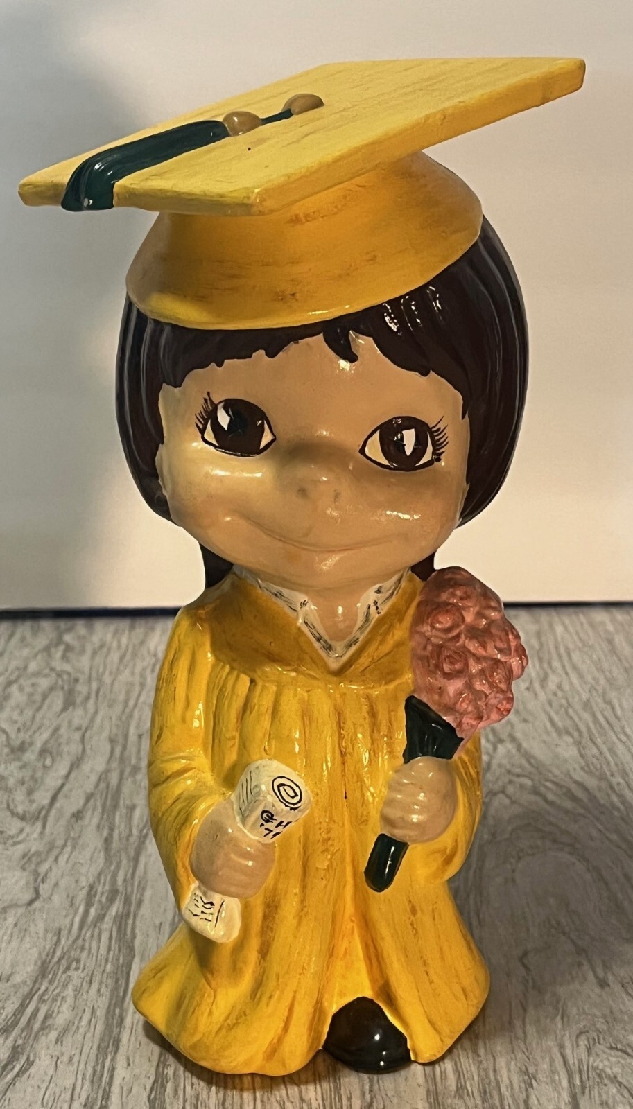 Vintage 1974 Ceramic Graduation Girl Figurine Yellow 51 Years Old 10 1/2in Read