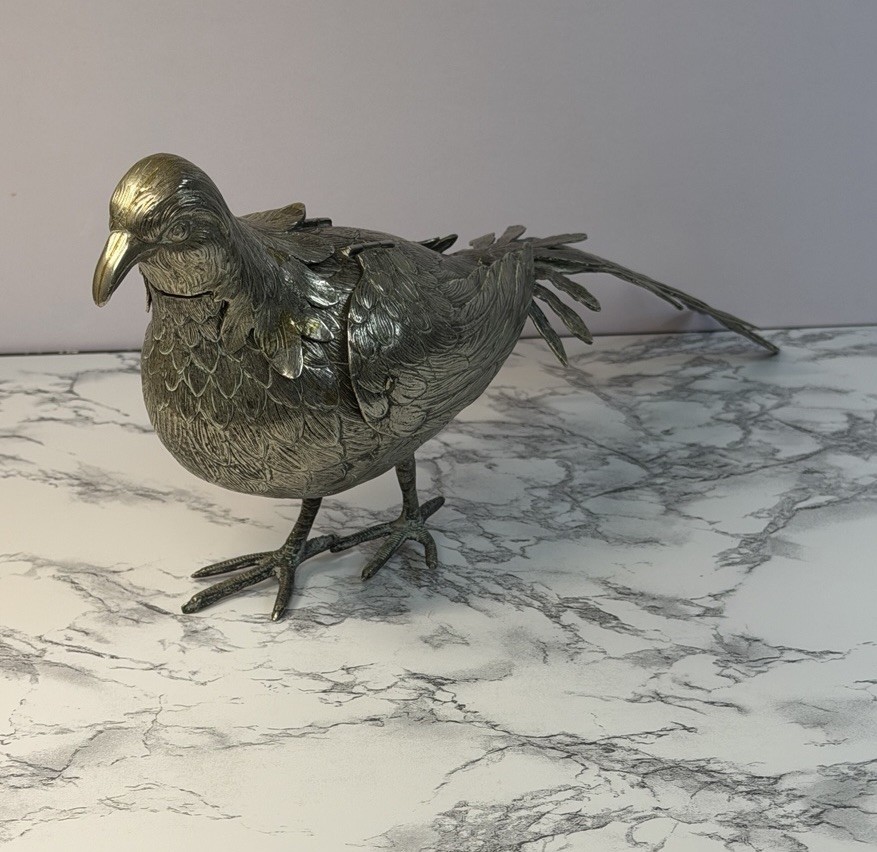 German Metal Pheasant Decanter Figurine Hinged Wings Stamped Germany Alpacca