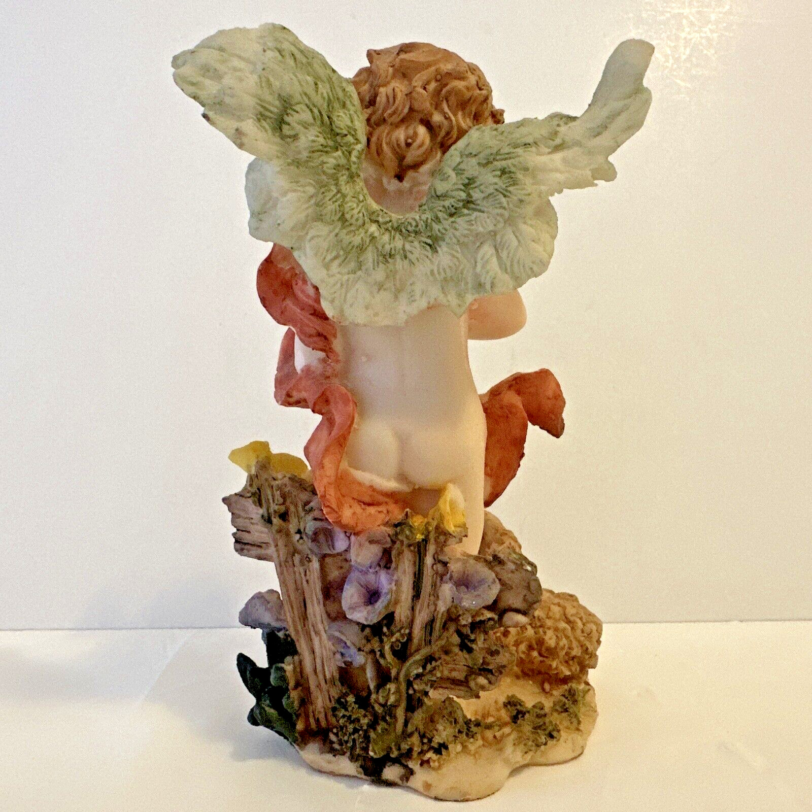 Vintage Cherub Figurine 5.5″ Holding Puppy and Mama Dog At Feet in Floral Garden