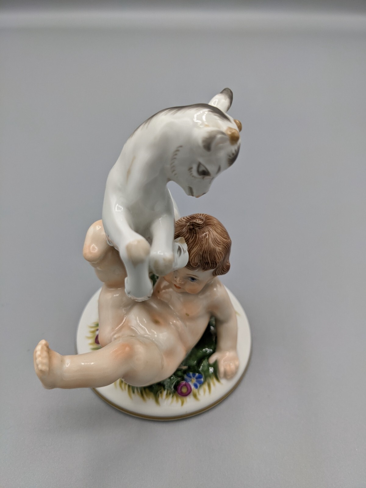 Vintage Augarten Austria Wien Vienna Porcelain Boy Cherub and Goat Figurine 4″