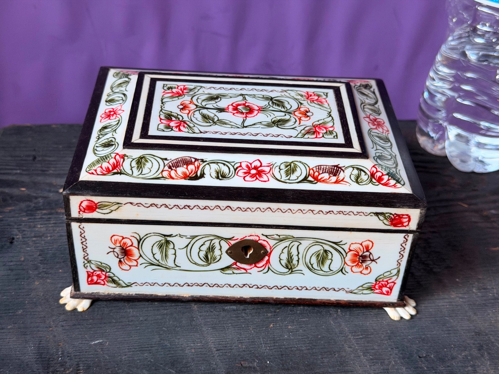 Vintage Hand Painted Indian Jewelry Box with Mirror Ornate Floral Keepsake
