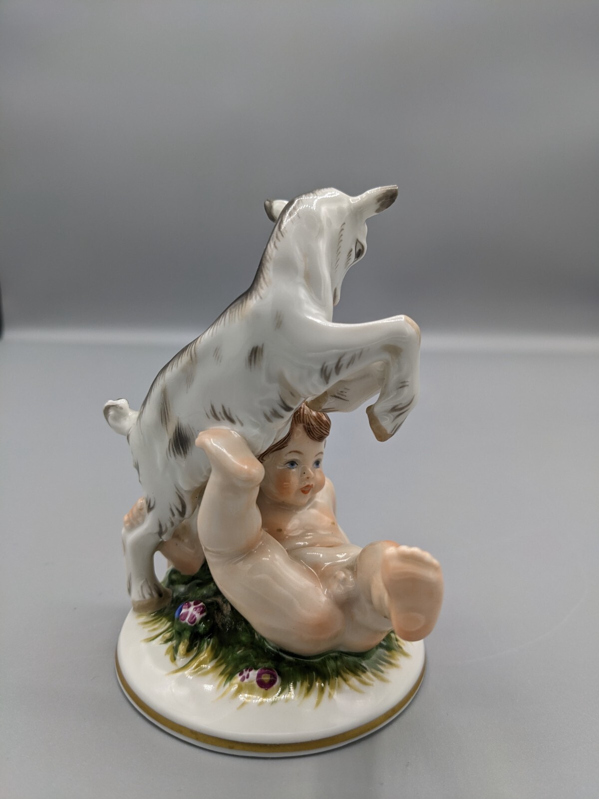 Vintage Augarten Austria Wien Vienna Porcelain Boy Cherub and Goat Figurine 4″