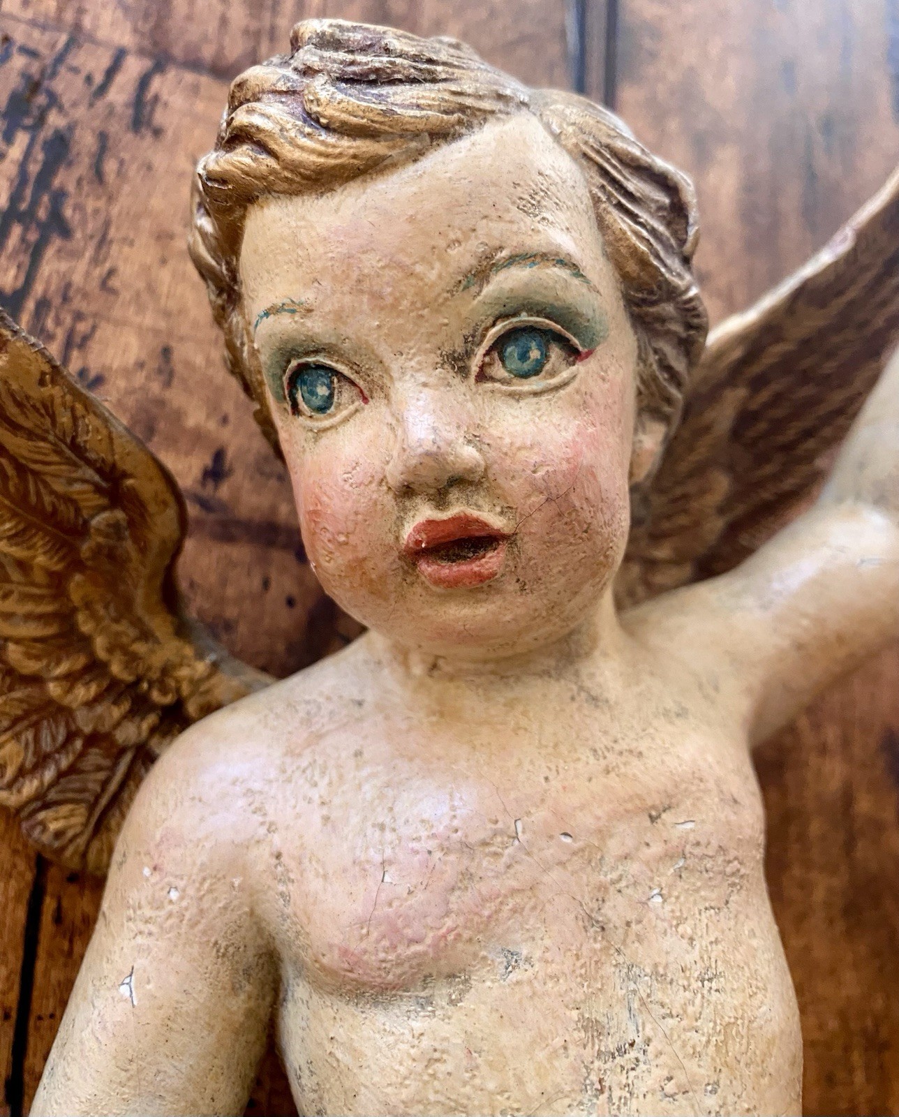Antique Italian Church Carved Wood Putto 13” Cherub